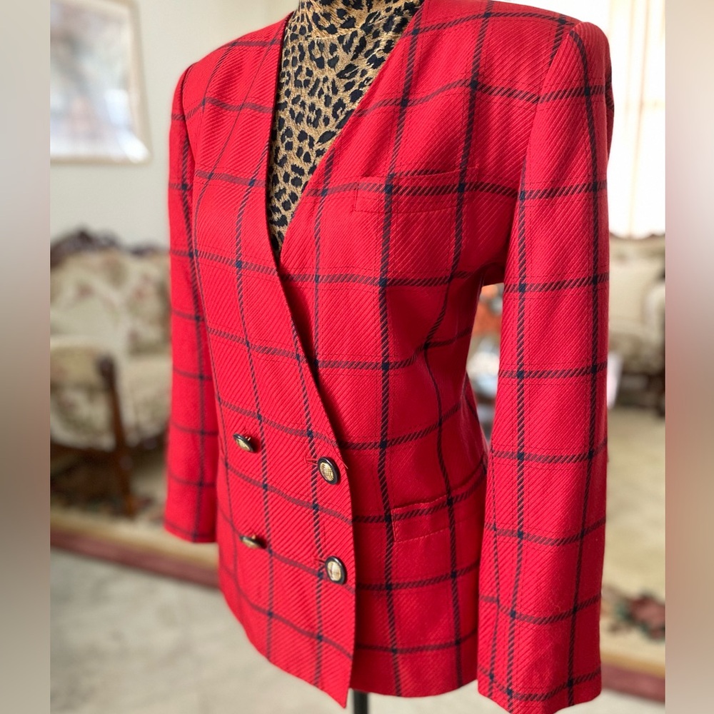 Classic Red Windowpane Double-Breasted Blazer - image 2